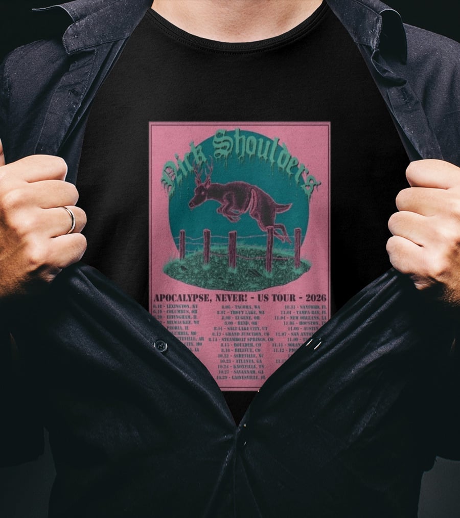 Nick Shoulders Apocalypse Never US Tour 2026 Retro Pink And Teal Leaping Deer Design With Tour Dates T-Shirt