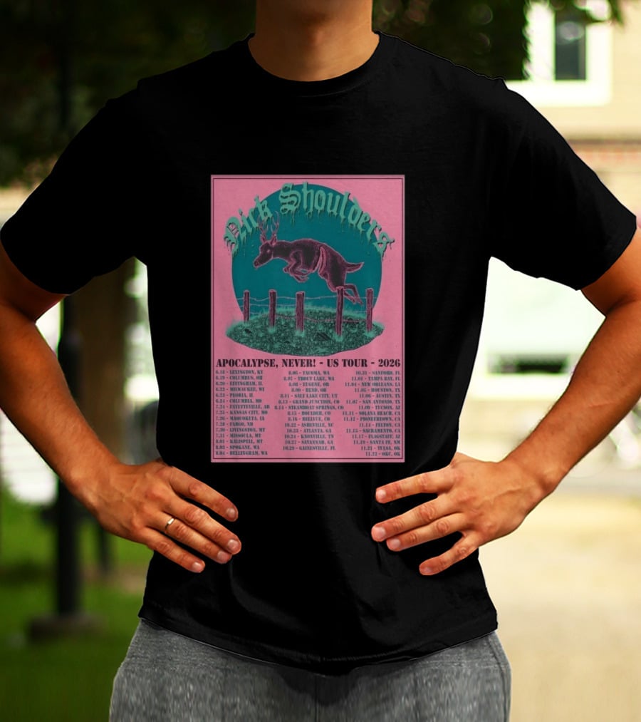 Nick Shoulders Apocalypse Never US Tour 2026 Retro Pink And Teal Leaping Deer Design With Tour Dates T-Shirt