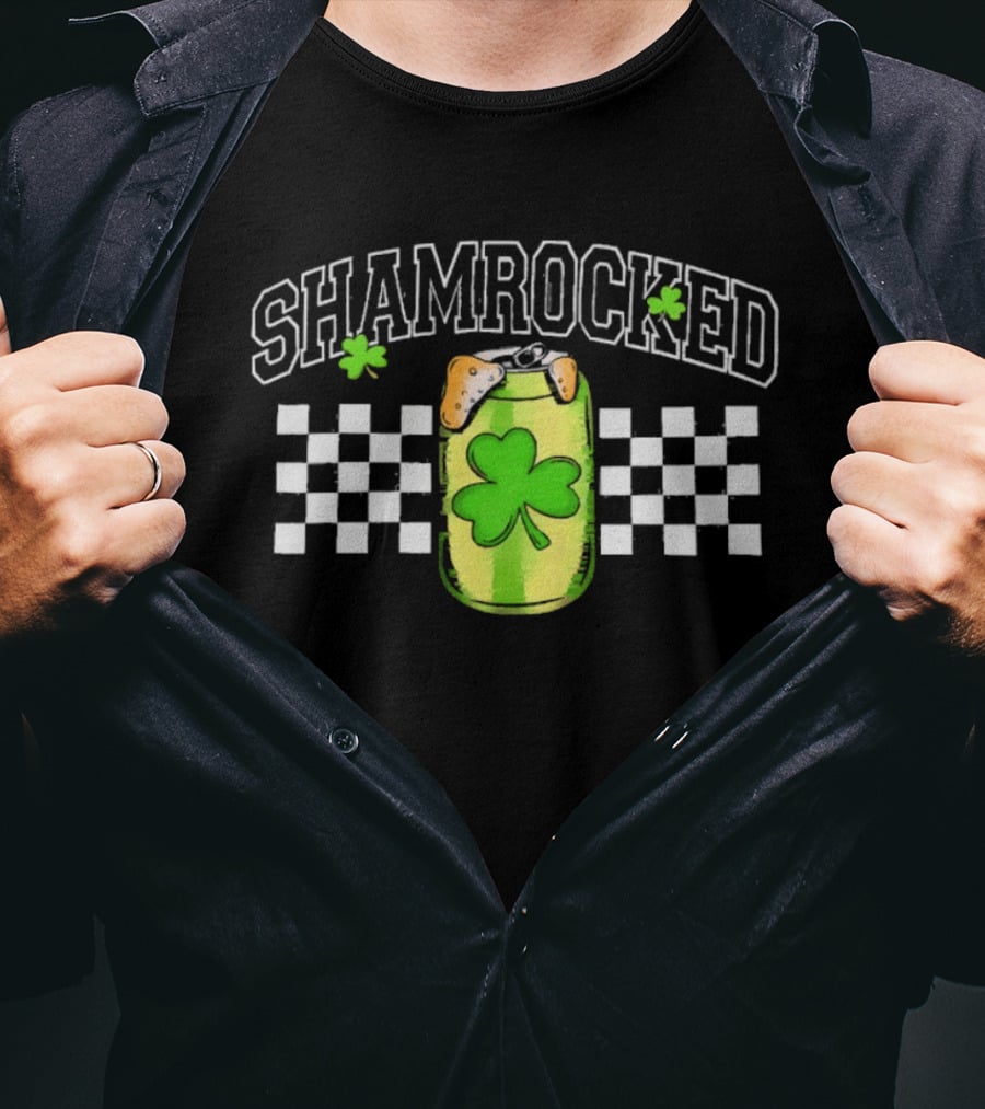 Shamrocked St. Patrick's Day Beer Can Checkerboard Clover USA T-Shirt