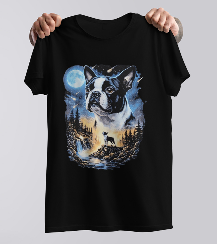 Boston Terrier Howling Moon Night Wilderness Scene T-Shirt