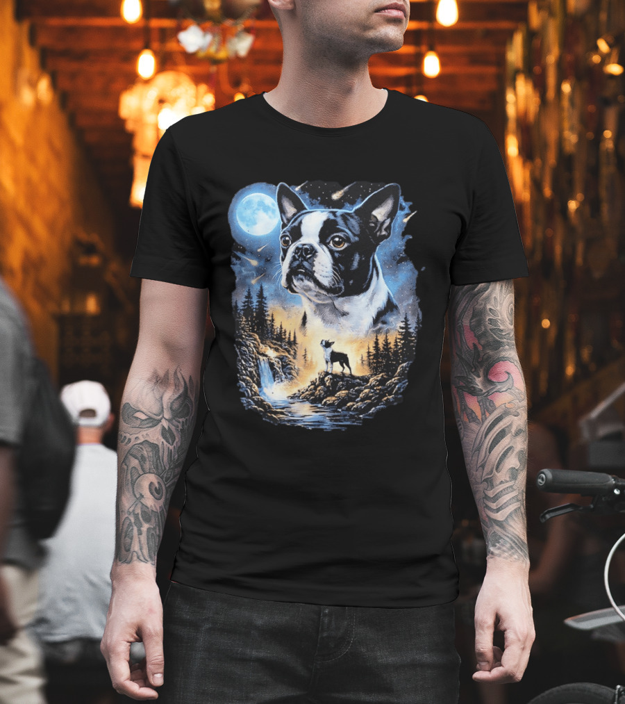 Boston Terrier Howling Moon Night Wilderness Scene T-Shirt
