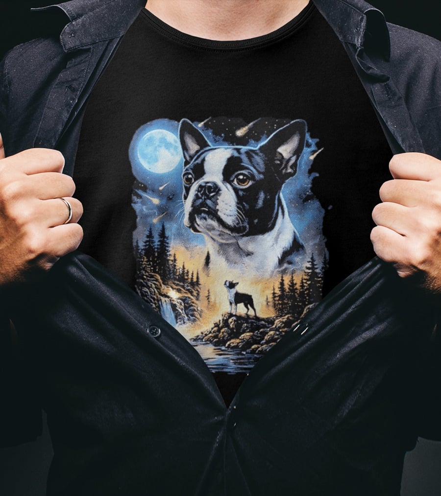 Boston Terrier Howling Moon Night Wilderness Scene T-Shirt