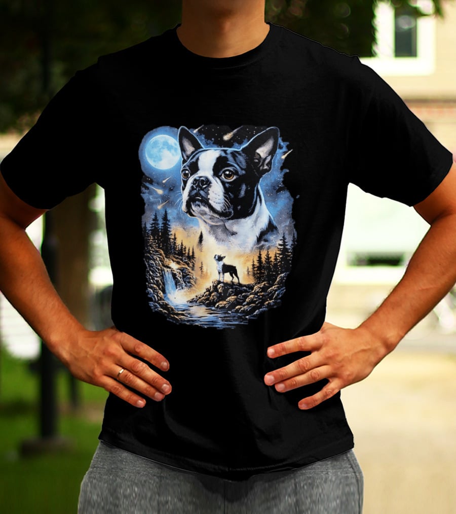 Boston Terrier Howling Moon Night Wilderness Scene T-Shirt