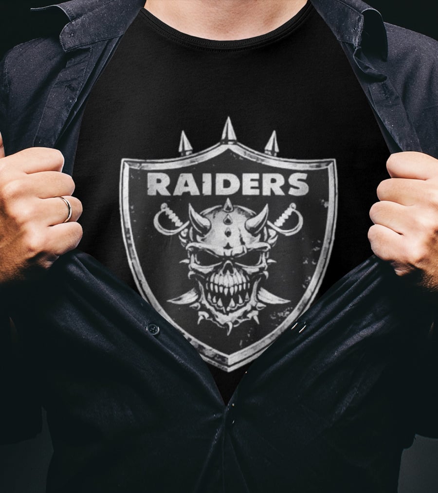 Las Vegas Raiders Skull Shield Emblem With Swords And Spikes T-Shirt
