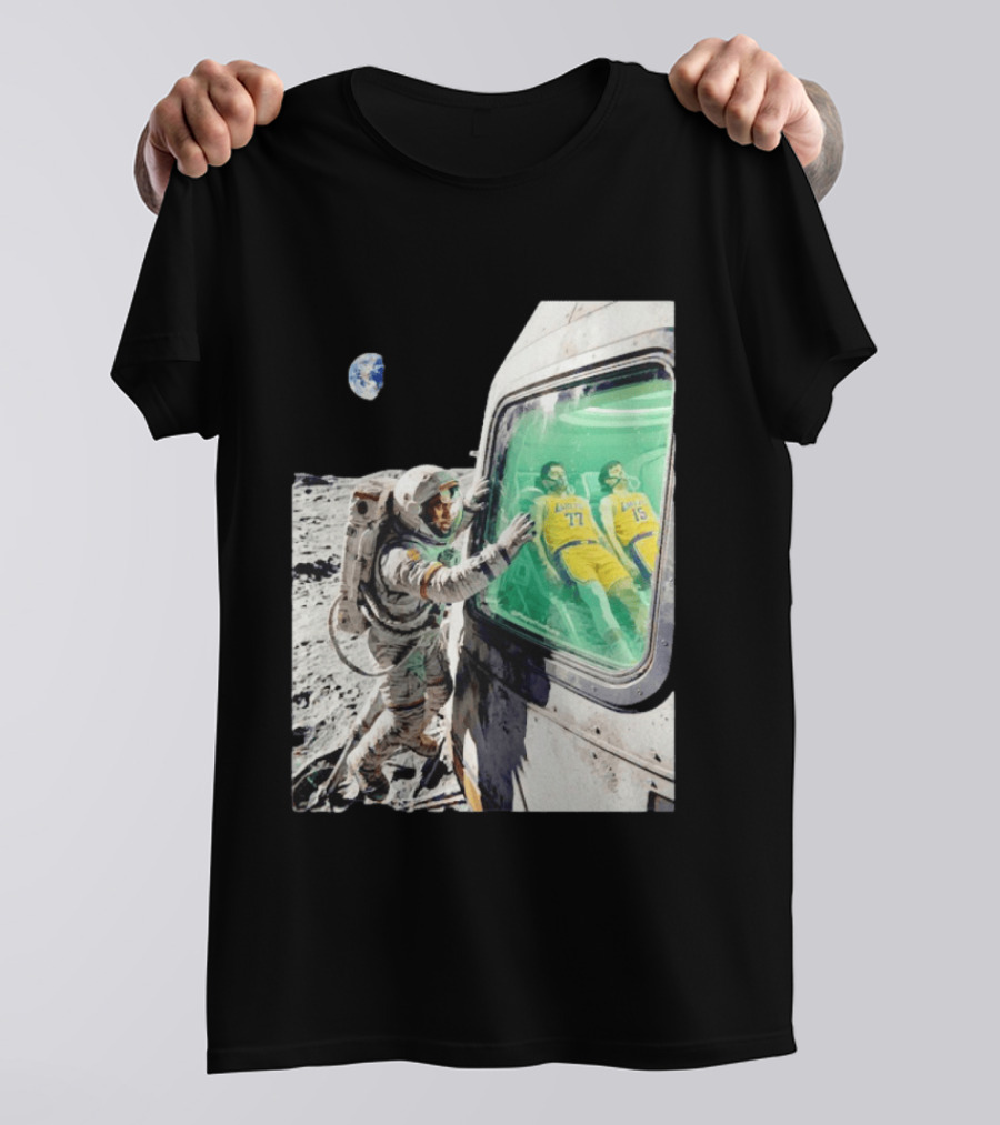 LeBron James Lakers Alone In Space Astronaut Scene With Number 77 And 15 In Spaceship T-Shirt