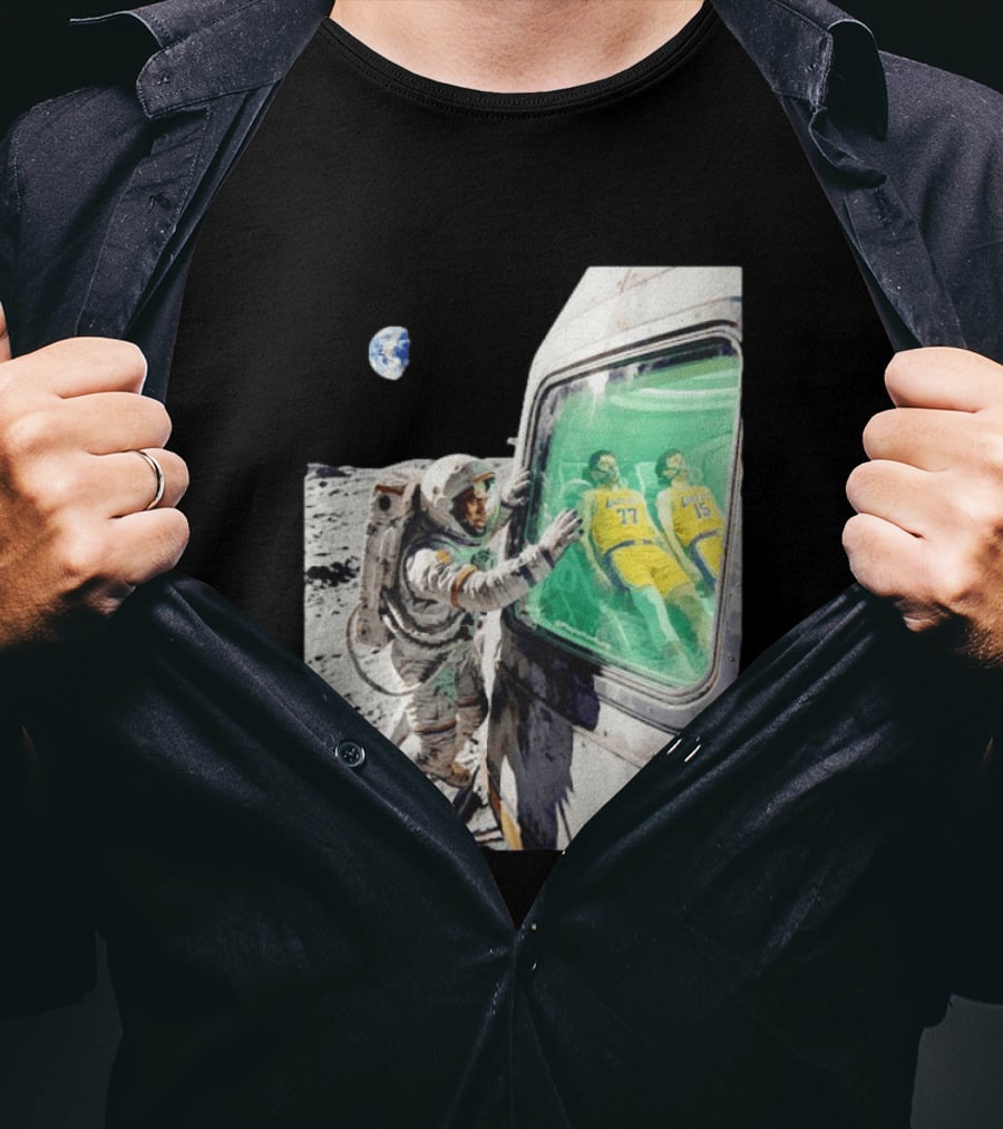 LeBron James Lakers Alone In Space Astronaut Scene With Number 77 And 15 In Spaceship T-Shirt