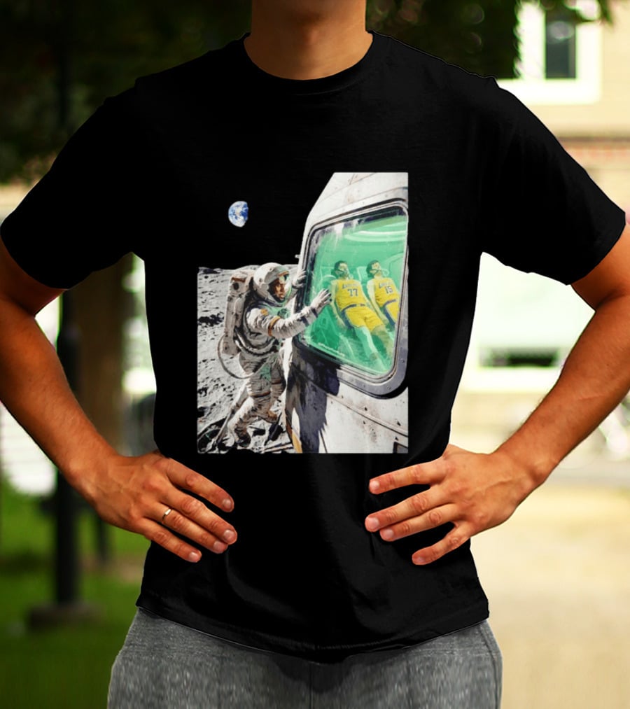 LeBron James Lakers Alone In Space Astronaut Scene With Number 77 And 15 In Spaceship T-Shirt