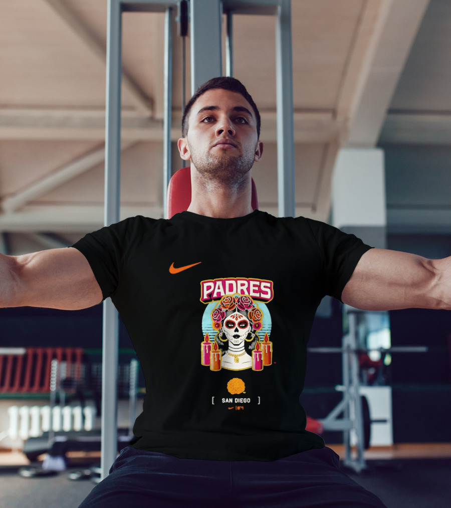 Nike San Diego Padres 2026 City Connect Dia De Los Muertos Candles Roses Large T-Shirt