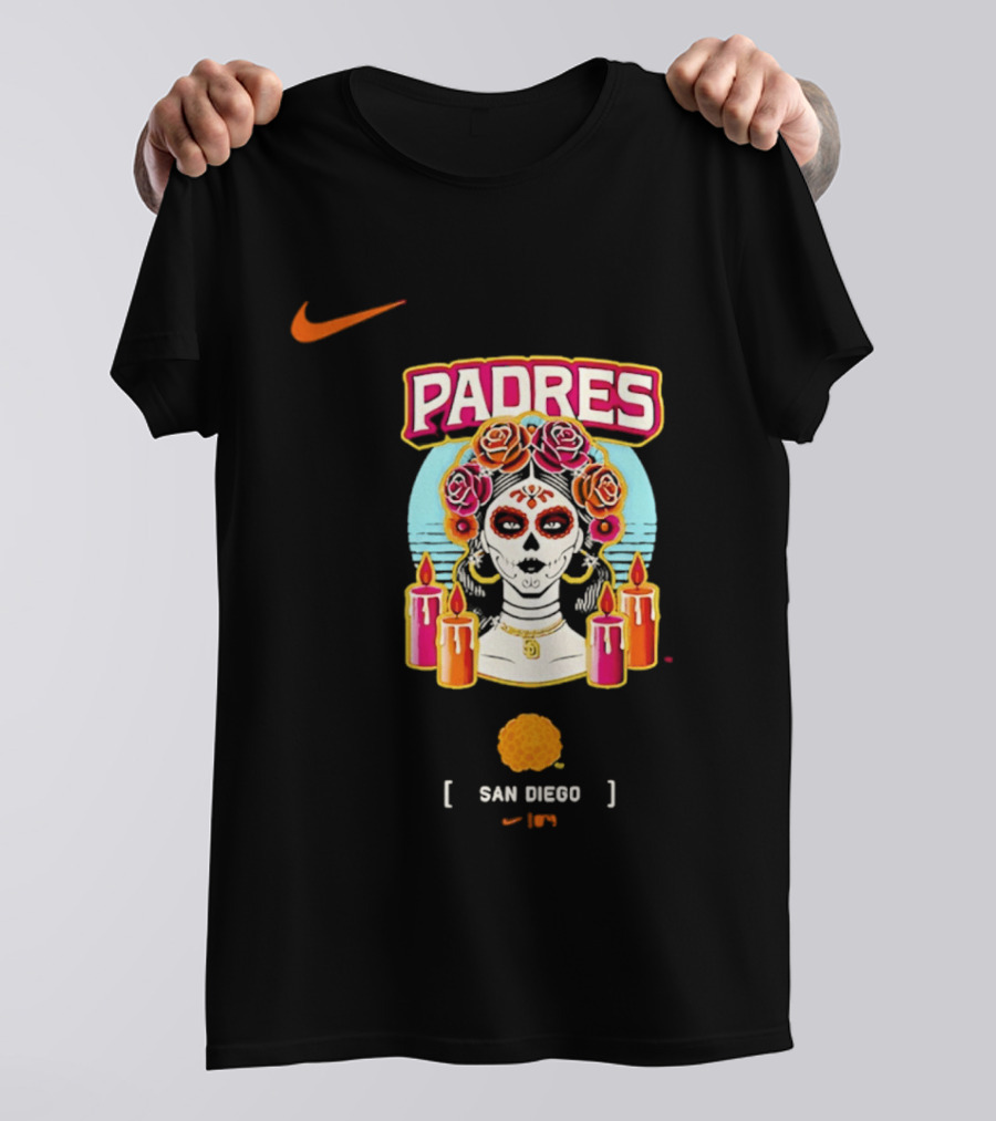 Nike San Diego Padres 2026 City Connect Dia De Los Muertos Candles Roses Large T-Shirt