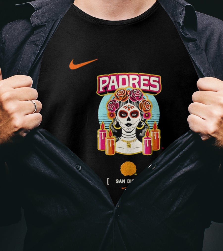 Nike San Diego Padres 2026 City Connect Dia De Los Muertos Candles Roses Large T-Shirt