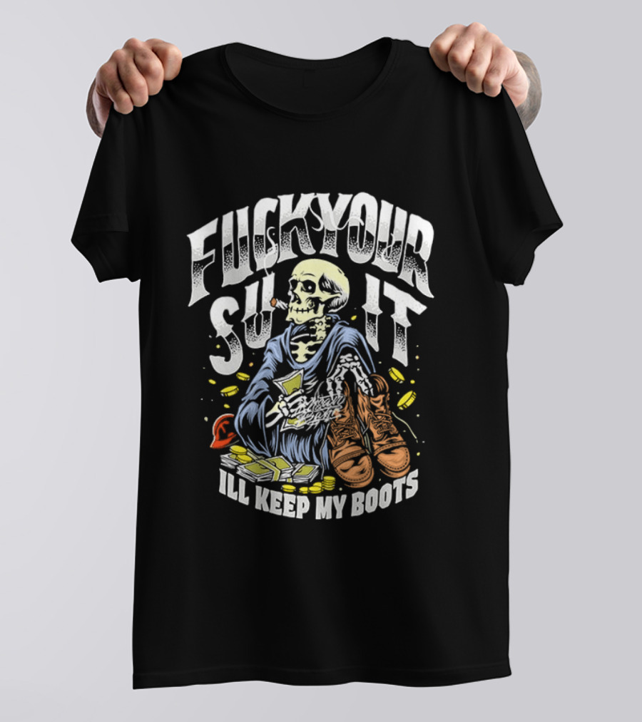 F*** Your Suit I'll Keep My Boots Pizza Monster Streetstyle Skeleton Smoking Playing Cards T-Shirt