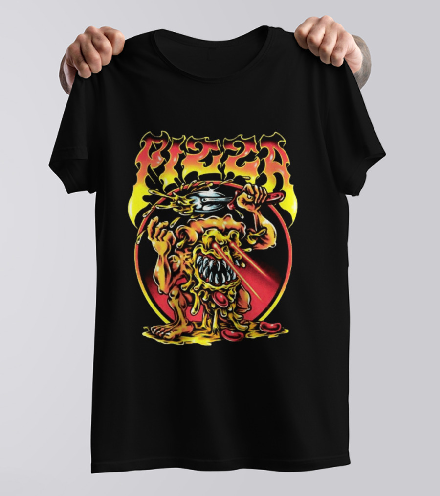 Pizza Monster Melting Laser Eyes Fiery Cheesy Creature T-Shirt