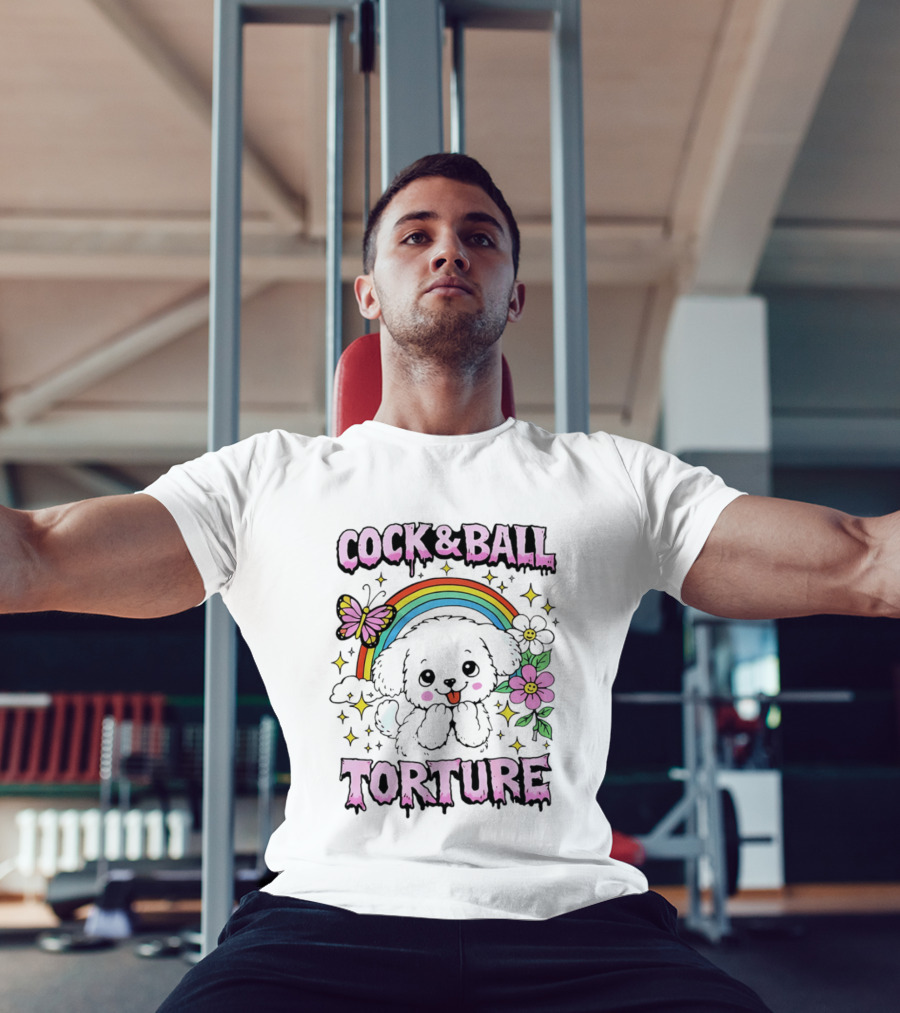 Cock And Ball Torture Dog Rainbow Butterfly Flowers T-Shirt
