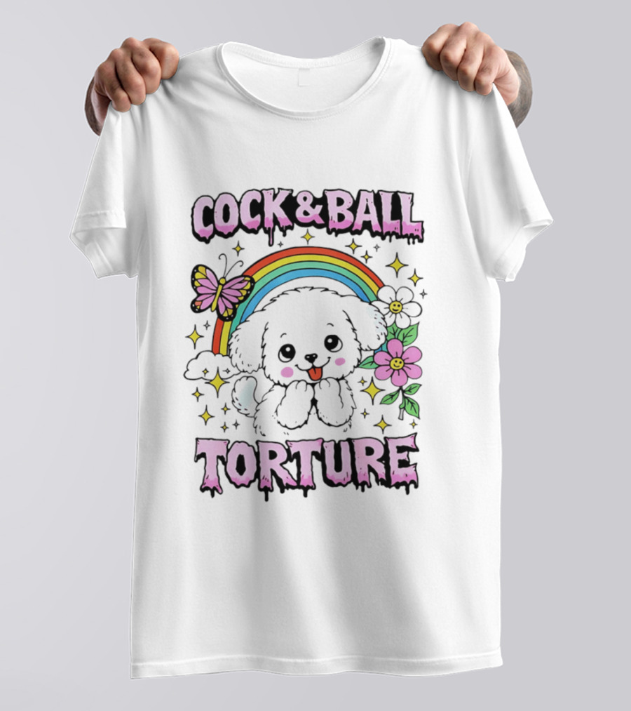 Cock And Ball Torture Dog Rainbow Butterfly Flowers T-Shirt