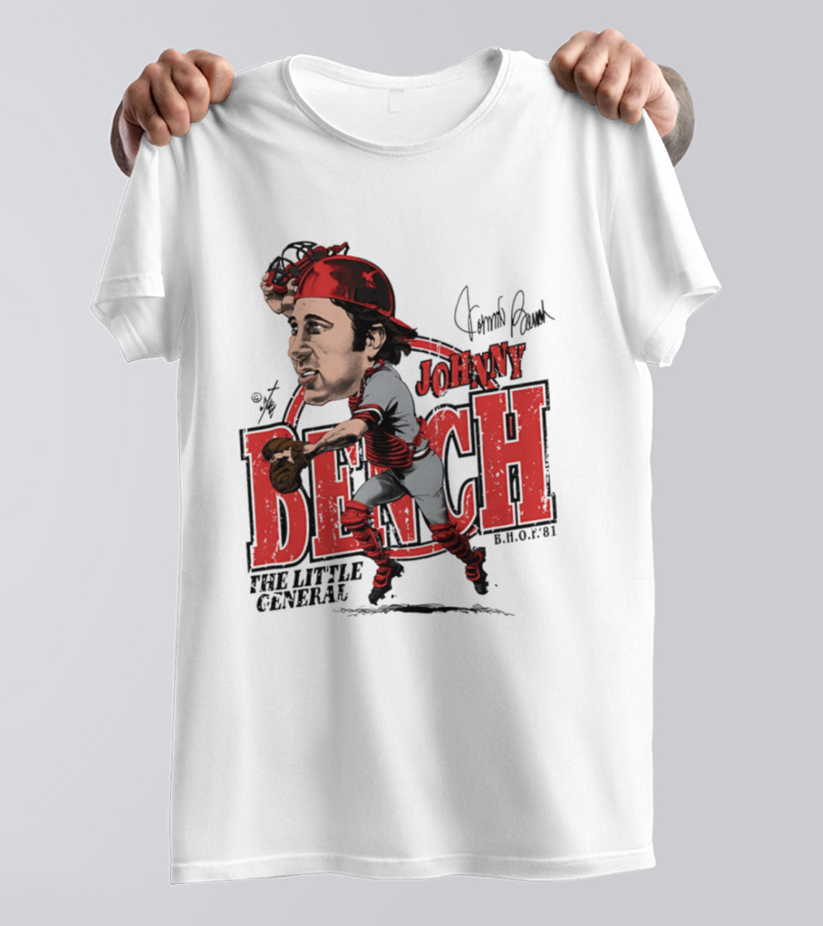 Johnny Bench Cincinnati The Little General Bruce Stark Collection HOF Caricature T-Shirt