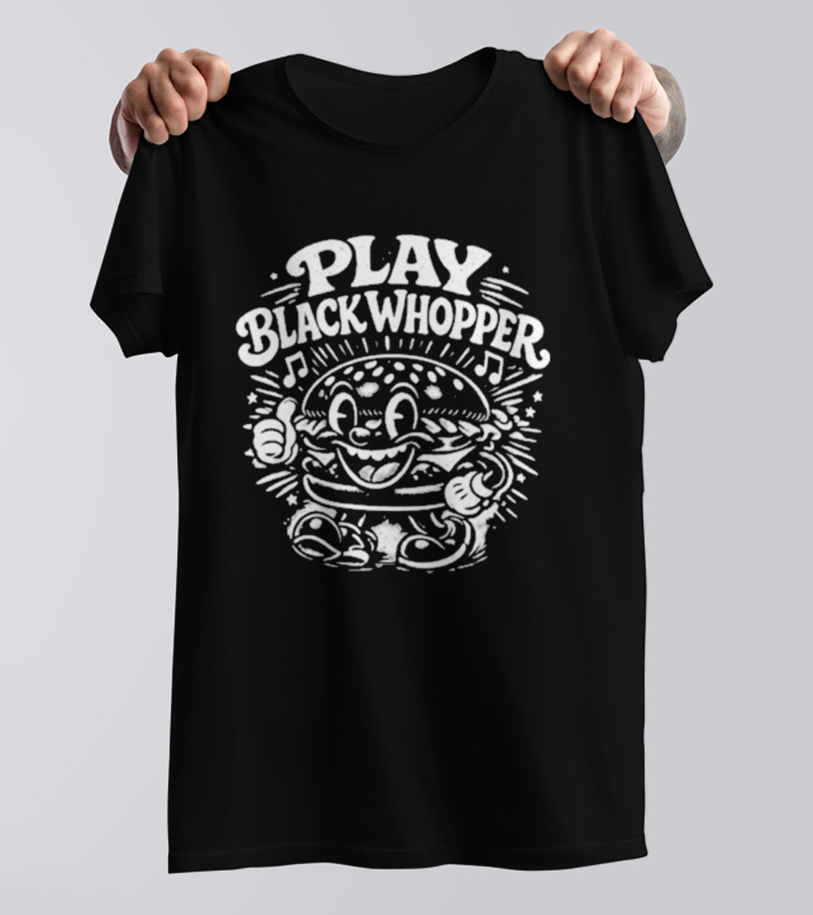Play Black Whopper Burger Cartoon Thumbs Up Music Notes T-Shirt