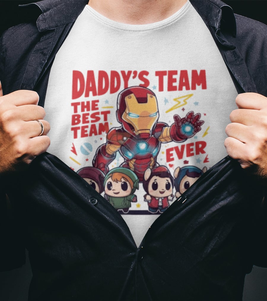 Daddys Team The Best Team Ever Superhero Dad Iron Man And Kids T-Shirt
