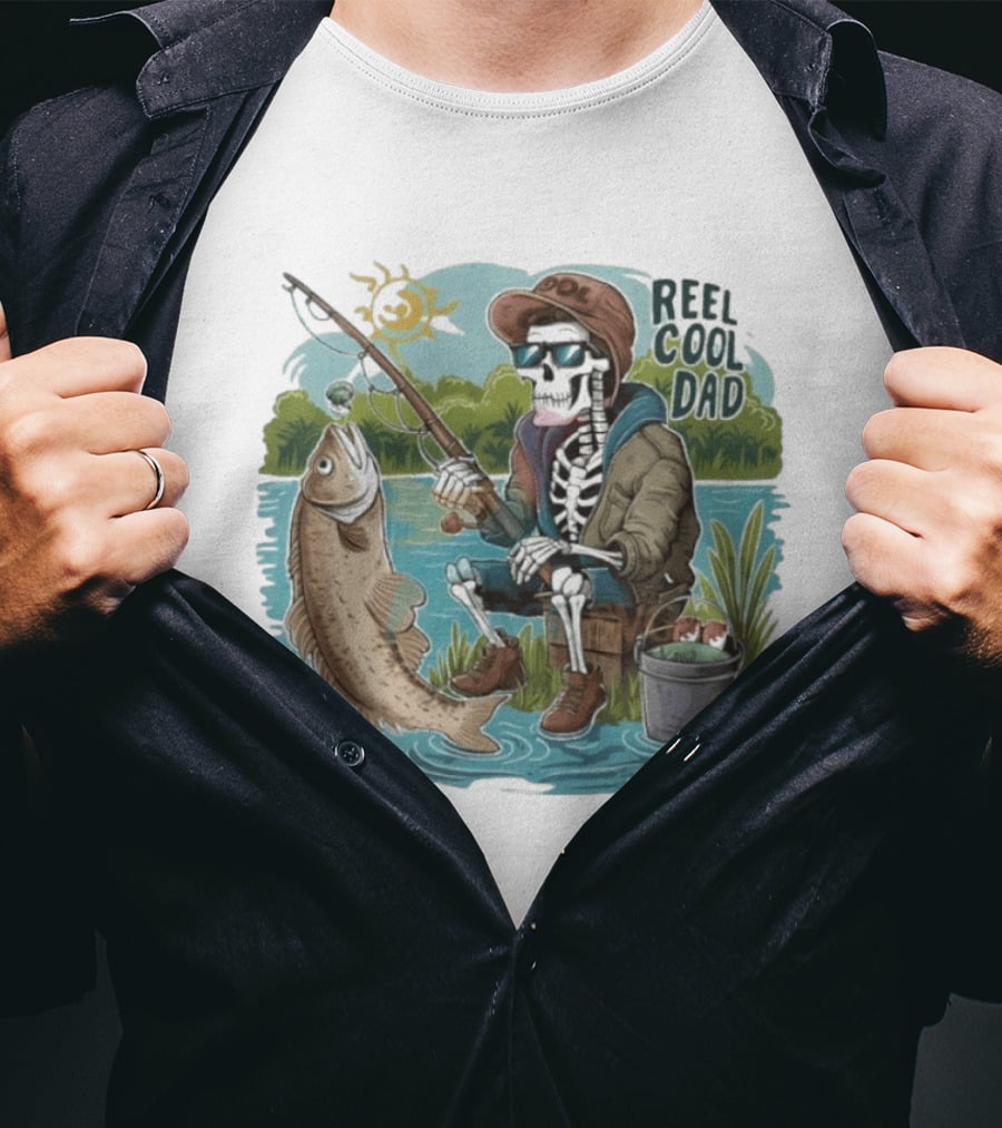 Reel Cool Dad Fishing Skeleton Catching Fish Cartoon T-Shirt