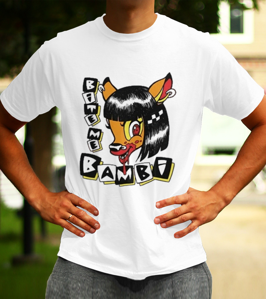 Bite Me Bambi Cartoon Character With Black Hair And Blood Dripping Mouth T-Shirt