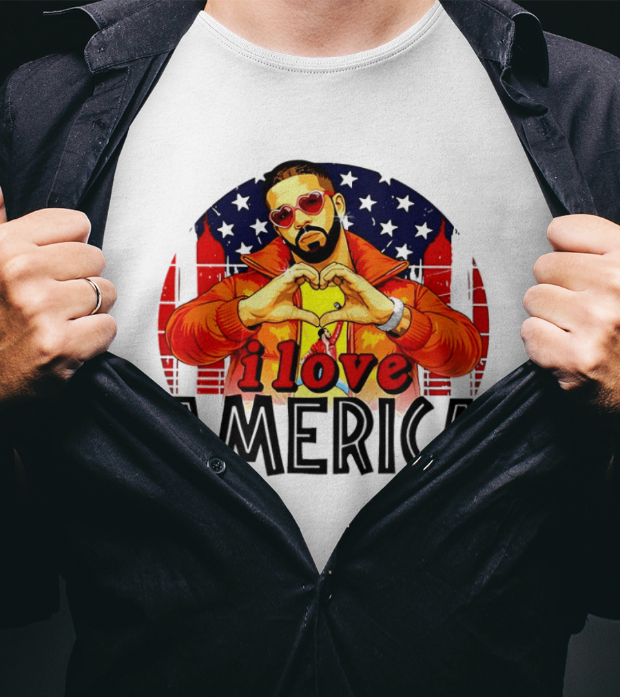 Drake I Love America Flag Heart Gesture Red Jacket Sunglasses T-Shirt