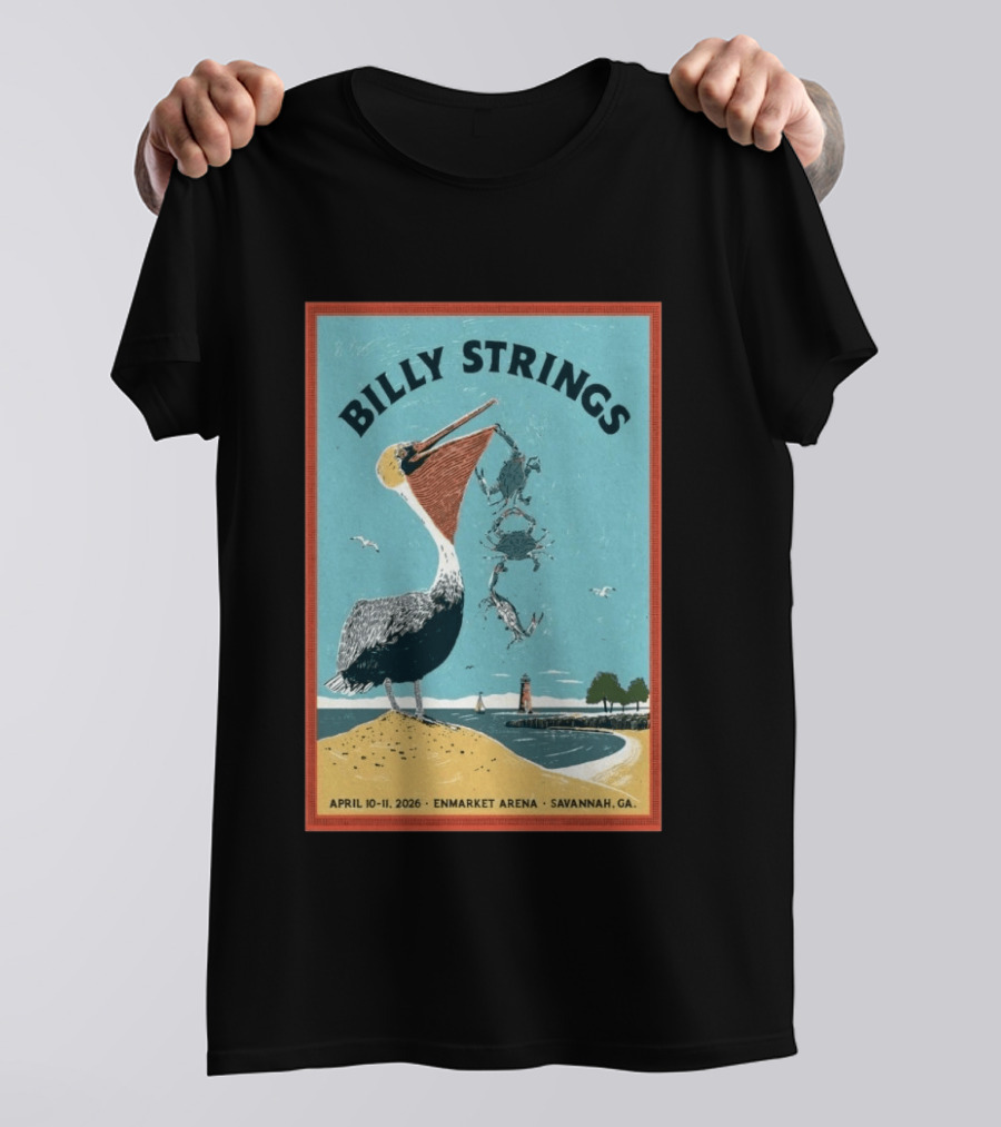 Billy Strings Enmarket Arena Savannah GA April 10 11 2026 Pelican With Lighthouse Ocean Scene T-Shirt