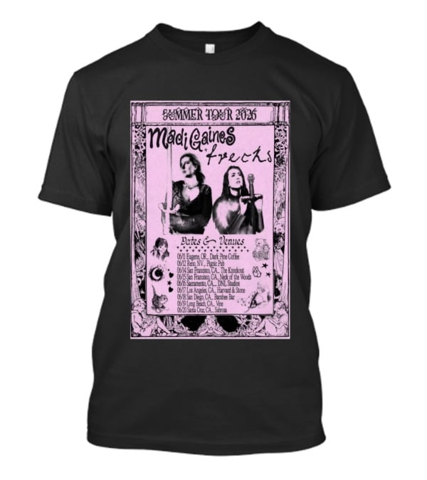 Madi Gaines Frecks Summer Tour 2026 Dates Venues Eugene Reno San Francisco Sacramento Los Angeles San Diego Long Beach Santa Cruz T-Shirt