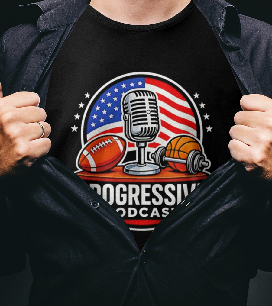 Brogressive Podcast American Flag Microphone Football Dumbbell Stars T-Shirt