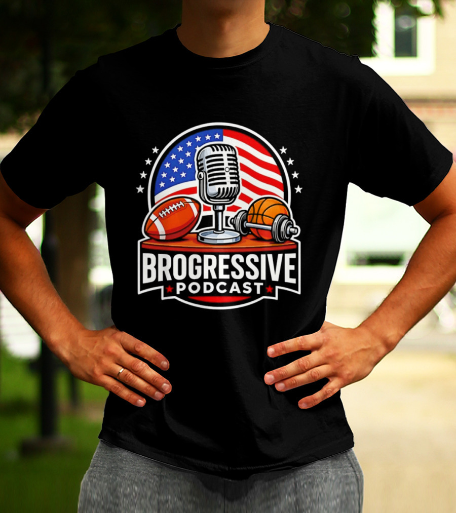 Brogressive Podcast American Flag Microphone Football Dumbbell Stars T-Shirt