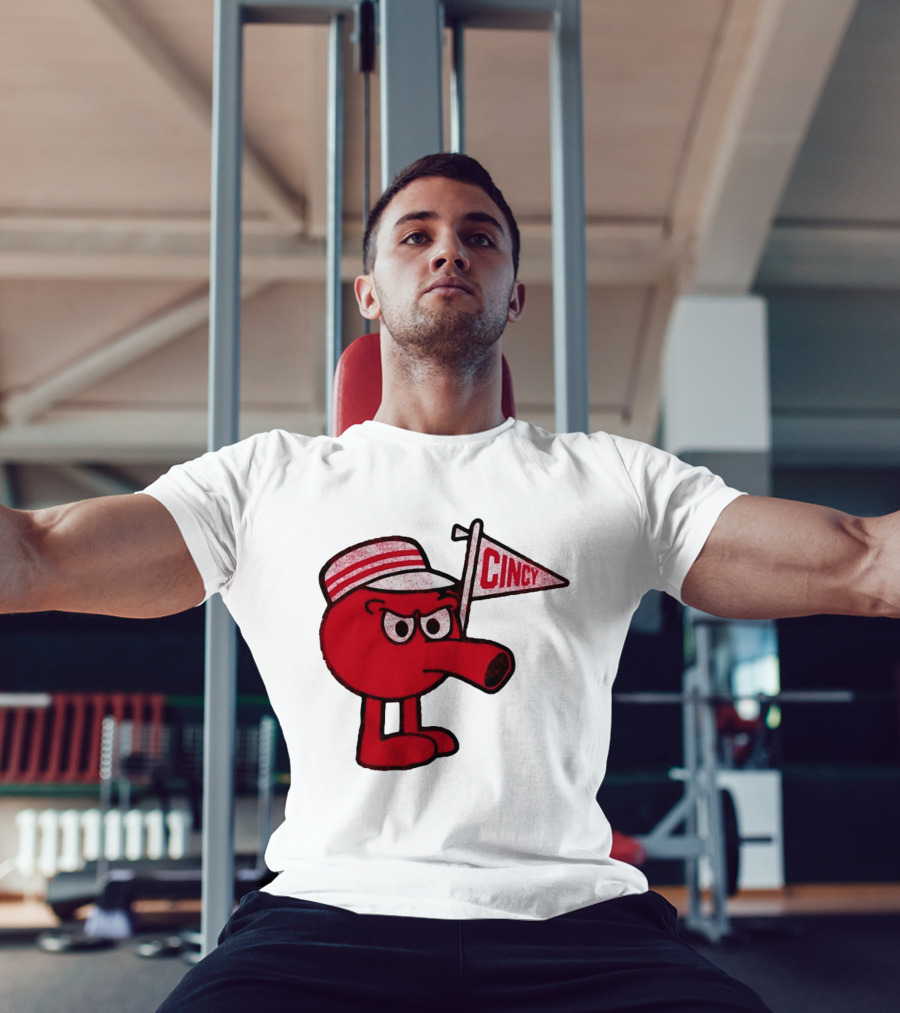 Cincy Redbert Cartoon Character With Striped Hat And Flag T-Shirt