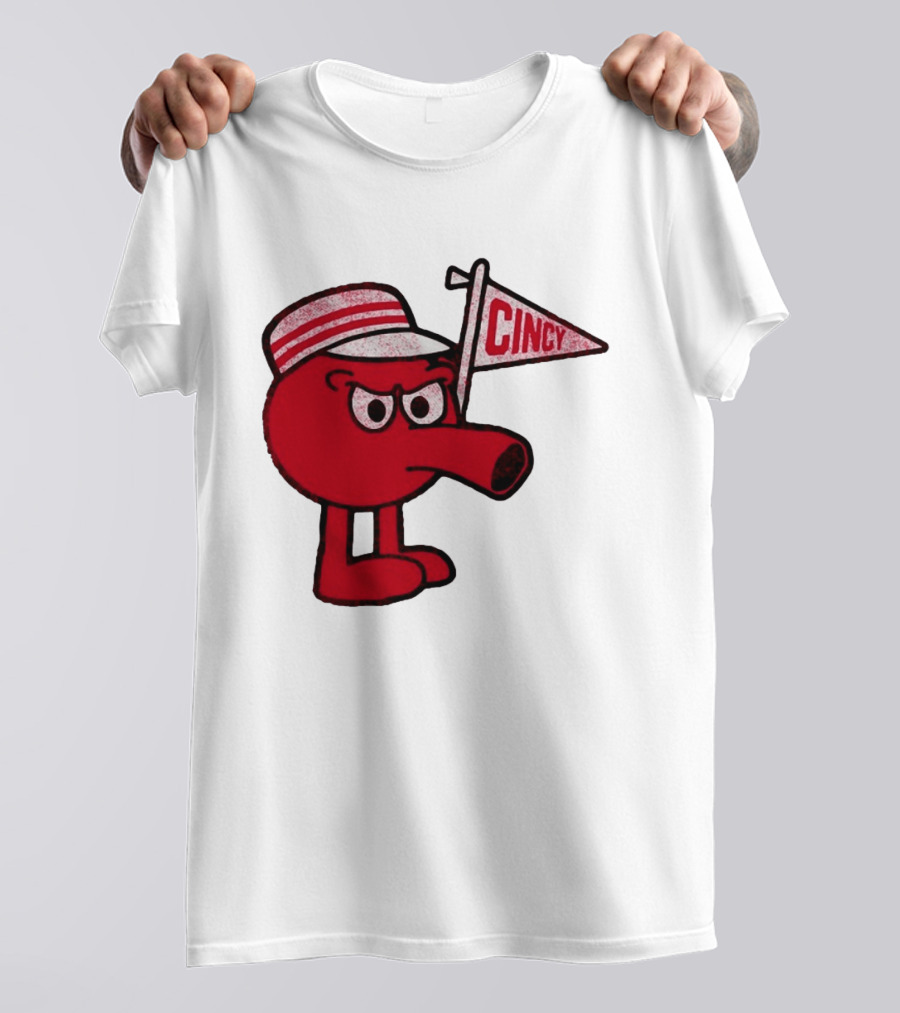 Cincy Redbert Cartoon Character With Striped Hat And Flag T-Shirt