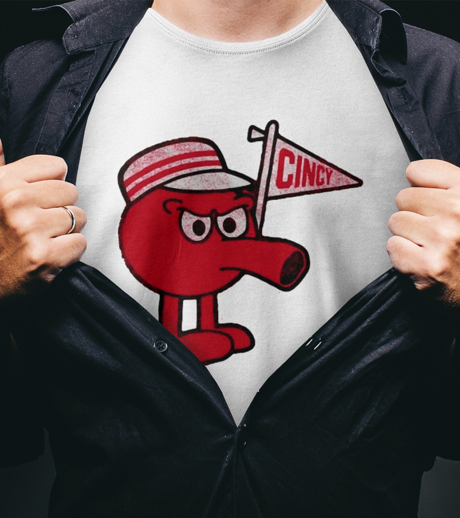 Cincy Redbert Cartoon Character With Striped Hat And Flag T-Shirt