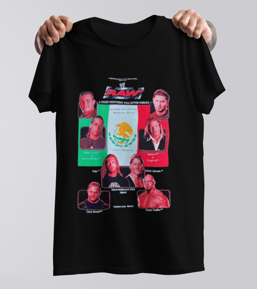 WWE Raw WrestleMania Monterrey Cage Match Featuring Randy Orton Shawn Michaels Batista Triple H Chris Jericho Shelton Benjamin Edge T-Shirt