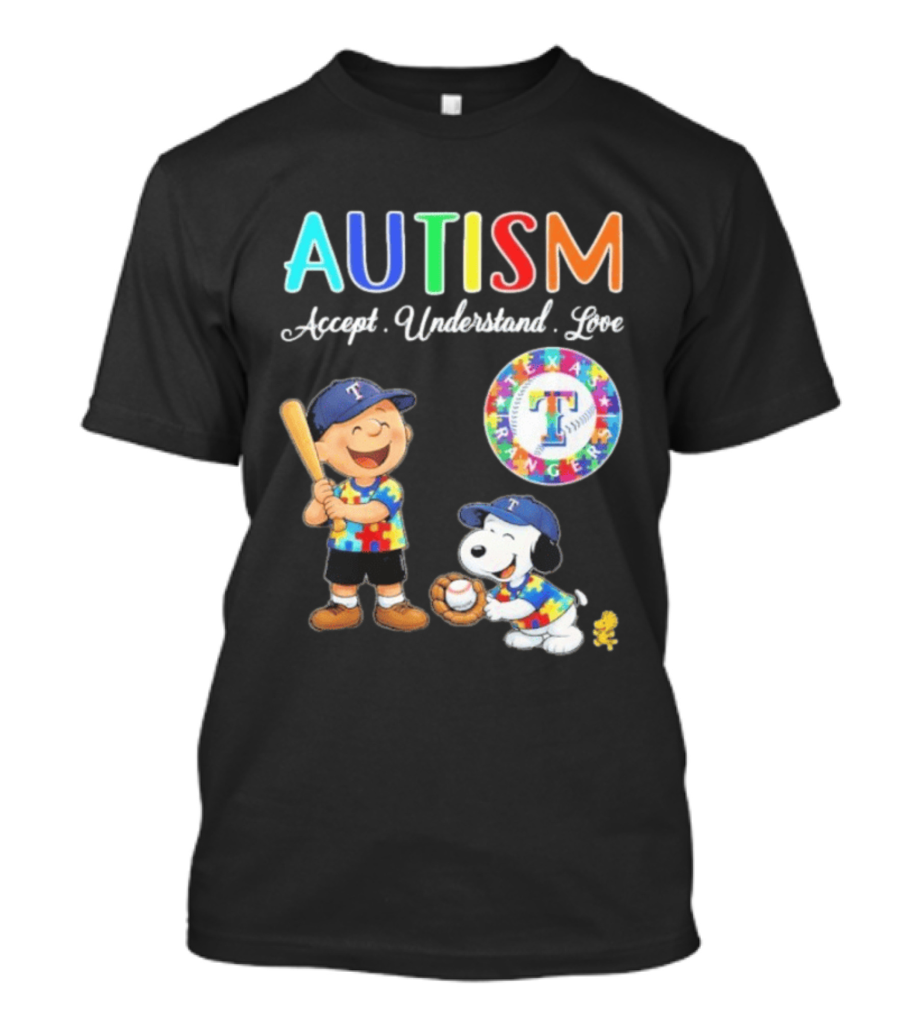 Peanuts Texas Rangers Autism Accept Understand Love Charlie Brown Snoopy T-Shirt