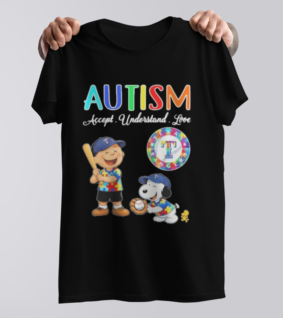 Peanuts Texas Rangers Autism Accept Understand Love Charlie Brown Snoopy T-Shirt