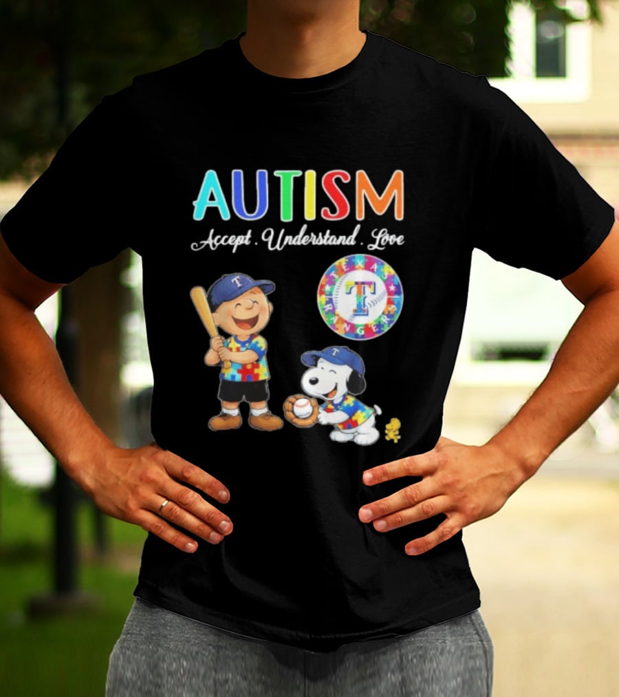 Peanuts Texas Rangers Autism Accept Understand Love Charlie Brown Snoopy T-Shirt