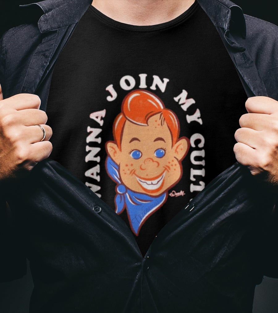 Woody Wanna Join My Cult Retro Style Cartoon Face And Blue Bandana T-Shirt
