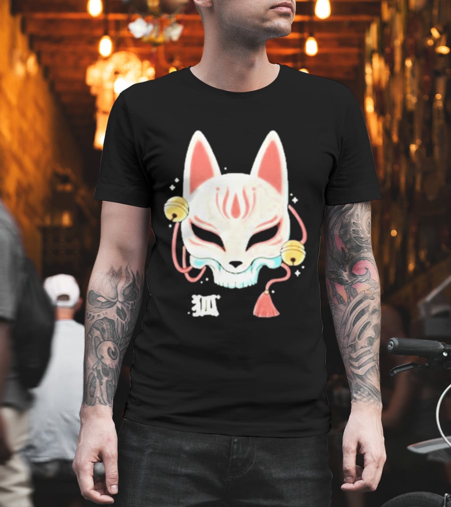 Lonely Club Kitsune Skull Mask With Bells And Kanji T-Shirt