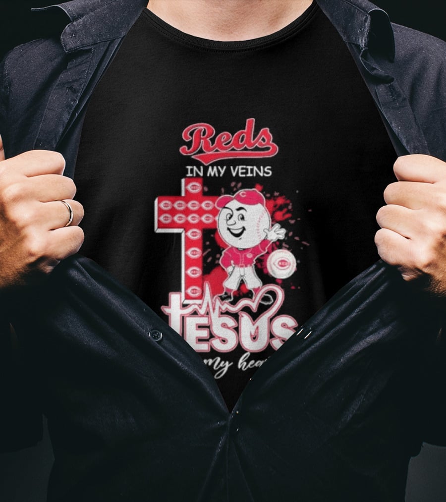 Reds In My Veins Jesus In My Heart Baseball Cross T-Shirt