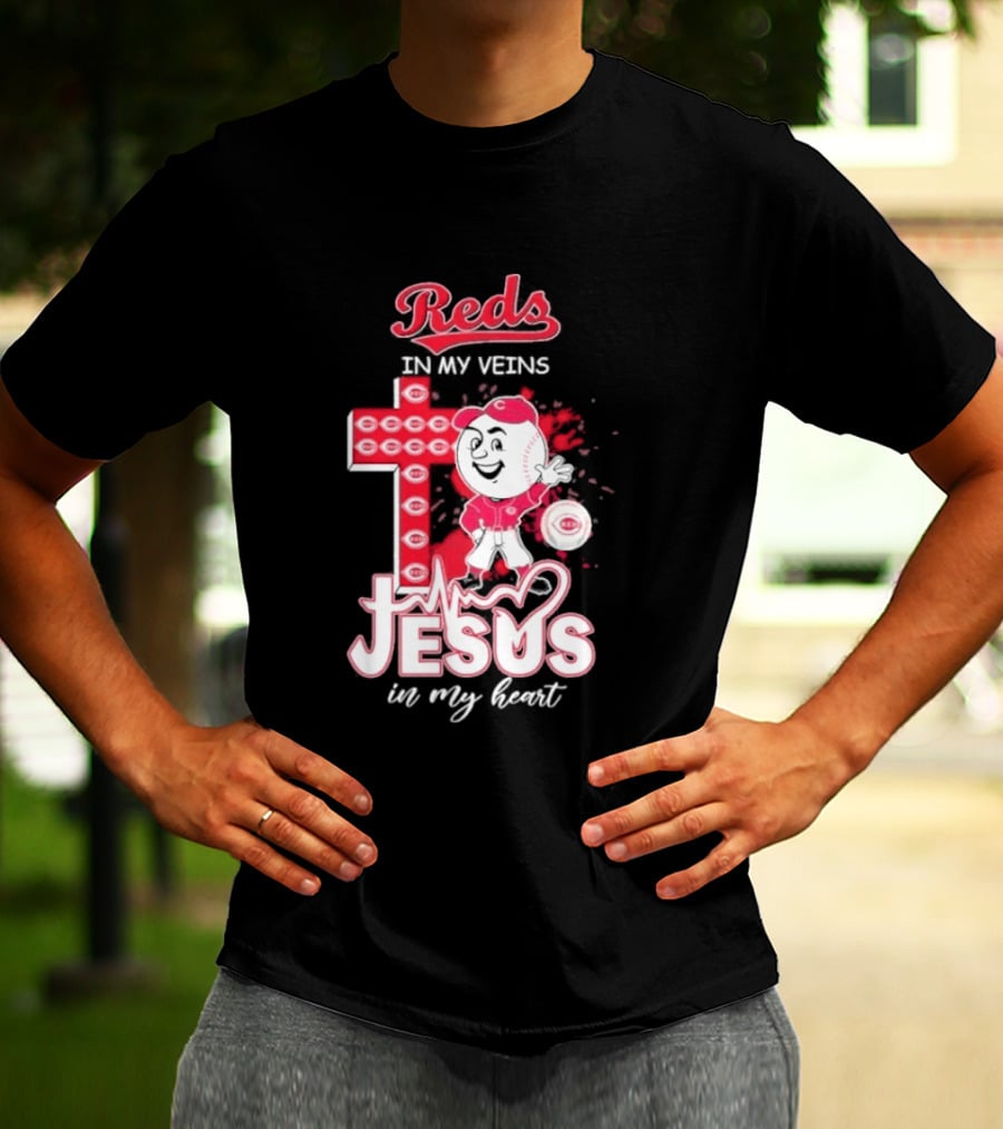 Reds In My Veins Jesus In My Heart Baseball Cross T-Shirt