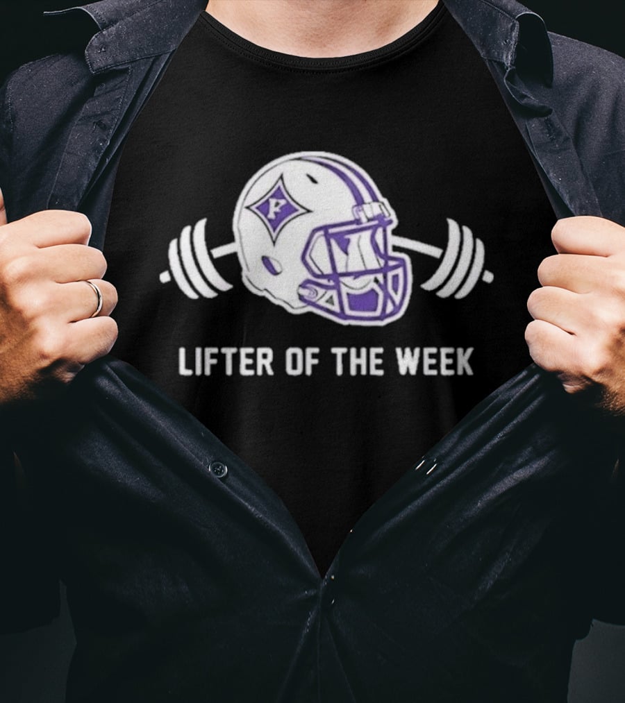 Furman Paladins Lifter Of The Week Helmet Logo With Weights T-Shirt