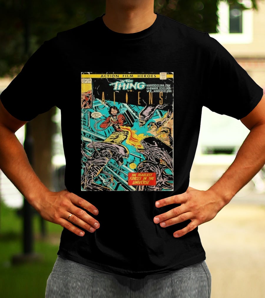 The Thing Vs Aliens MacReady Action Film Heroes Comic The Deadliest Forces In The Universe T-Shirt