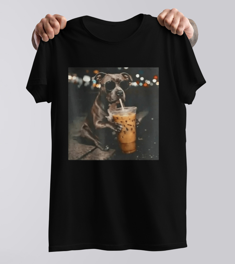 Rottweiler Dog With Sunglasses Sipping Iced Coffee T-Shirt