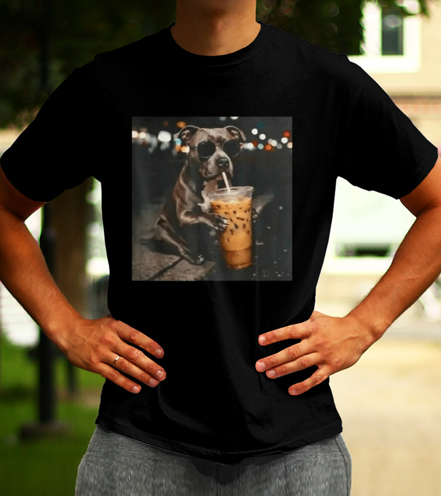 Rottweiler Dog With Sunglasses Sipping Iced Coffee T-Shirt