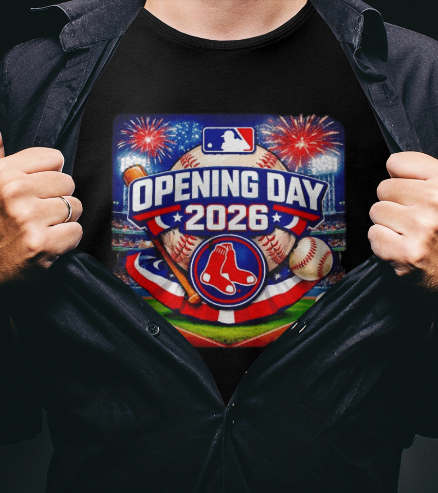 Boston Red Sox MLB Opening Day 2026 Baseball Season Fireworks Stadium T-Shirt