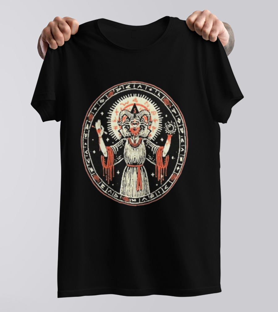 Mystical Symbolic Figure With Horned Cosmic Demon Ritual T-Shirt