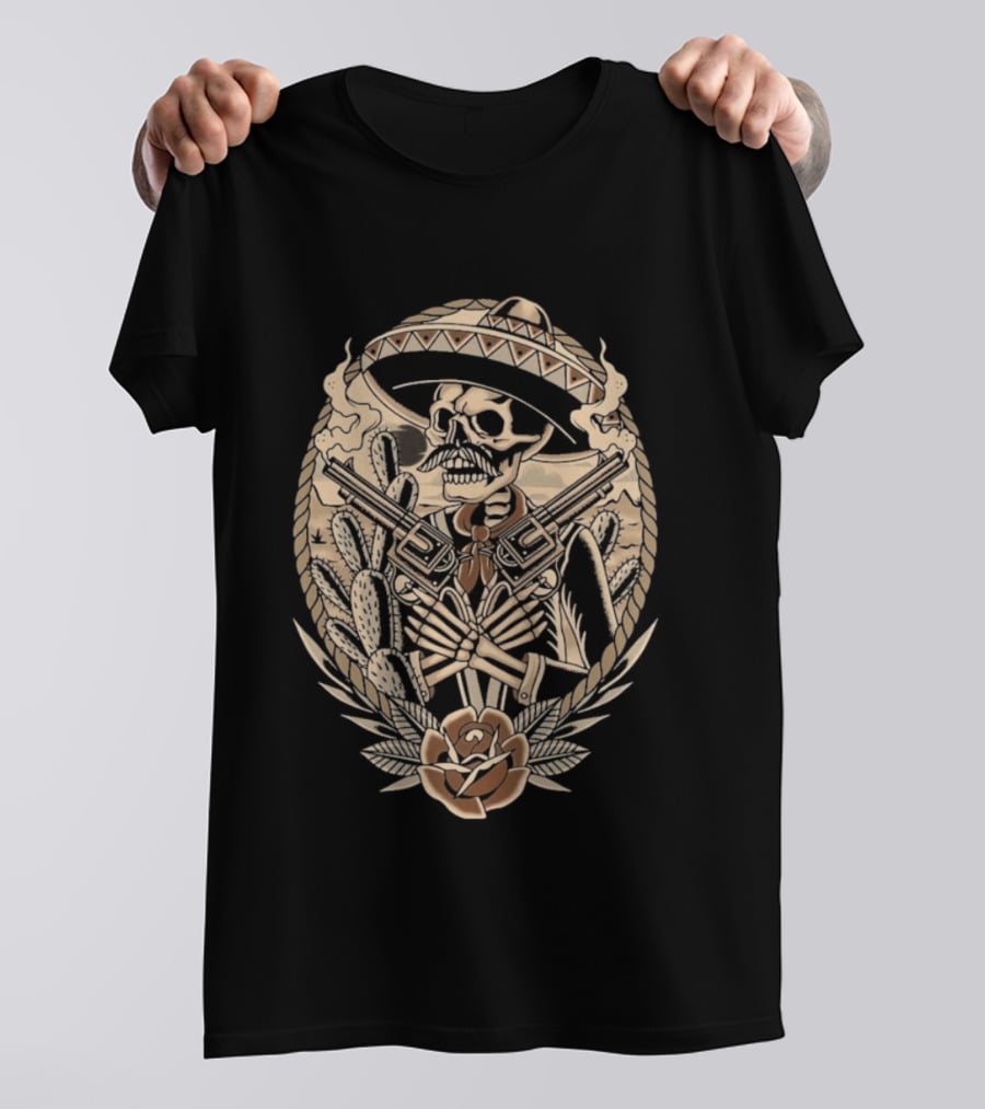 Deathsperado Skeleton Cowboy With Guns Roses And Dollar Signs Black T-Shirt