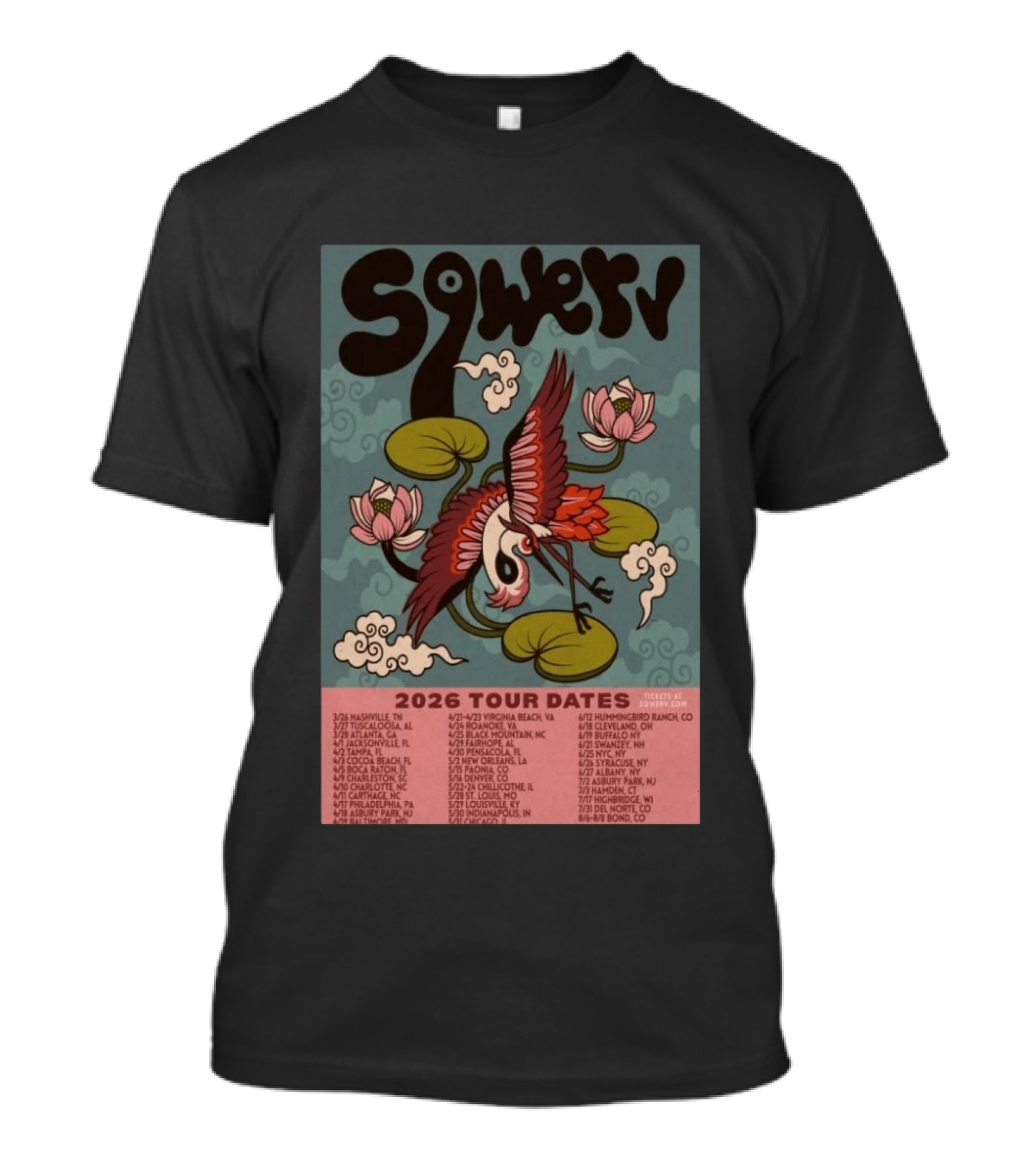 Sqwerv Summer Tour 2026 Crane Lotus Clouds Tour Dates Nashville Tarrytown Jacksonville Chapel Hill Atlanta Eureka Sonoma Santa Barbara T-Shirt