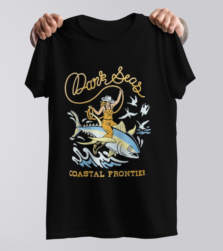 Dark Seas Coastal Frontier Ride 'em Wet Adventure Ocean Cowboy On Fish T-Shirt