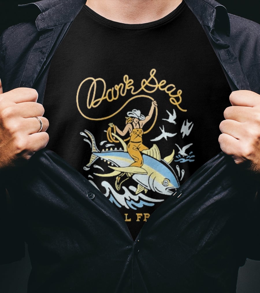 Dark Seas Coastal Frontier Ride 'em Wet Adventure Ocean Cowboy On Fish T-Shirt