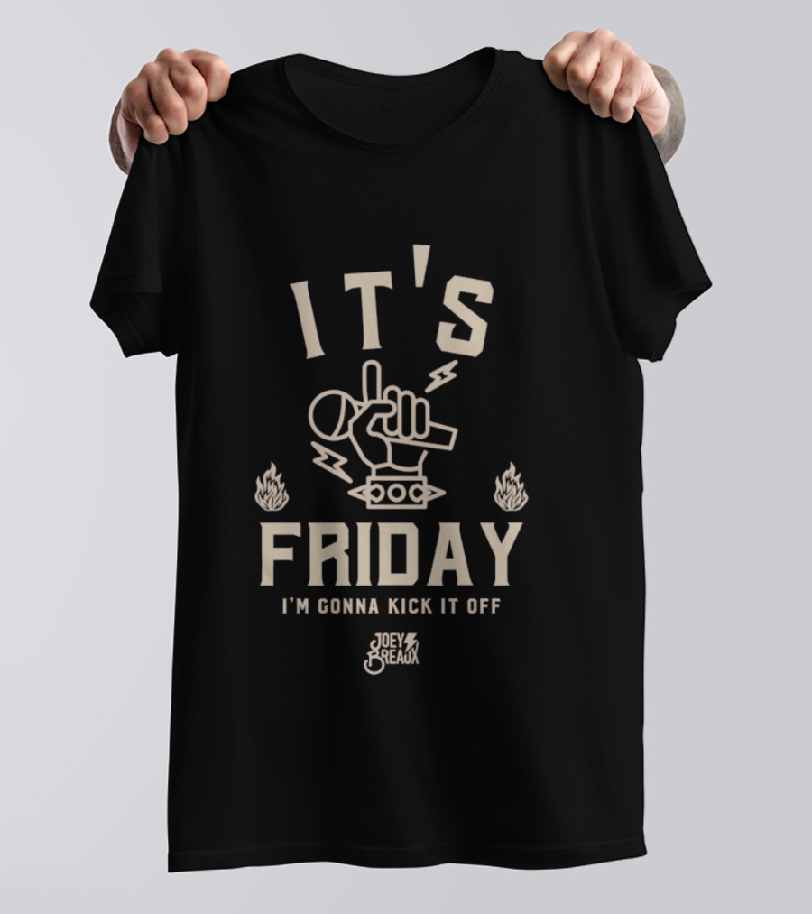 Joey Breaux It's Friday I'm Gonna Kick It Off Retro Rock Hand Sign Fire Lightning T-Shirt